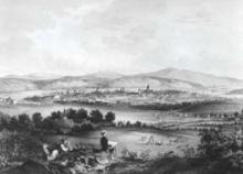Pohľad na Košice, ktorý podľa kresby V. Klimkoviča vytlačili v roku 1858 vo Viedni.