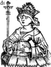 Neveľmi vydarené zobrazenie Barbory Celskej na drevoryte z Knihy kroník od Hartmana Schedela z konca 15. storočia.