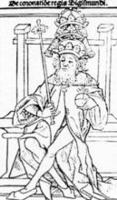 Vyobrazenie cisára a kráľa Žigmunda Luxemburského na drevoryte v kronike Jána z Turca vydanej v Brne v roku 1488.