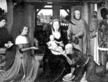 Scéna klaňania sa troch kráľov od Hansa Memlinga je síce novšieho dáta, takto nejako však asi vyzerala Helena Kottanerová pri korunovácii Ladislava Pohrobka.