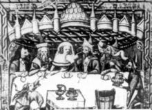 Dobová stredoveká hostina, v tomto prípade zjavne svadobná. Tabuľa sa nezdá byť obzvlášť bohatá. Vyzerá to, akoby panstvo jedlo akési guľaté ovocie, no možno že je to pečivo. Víno však nechýba.