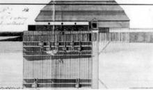 Detail zobrazenia Stredného mlyna a príslušných vodných zariadení, ako ich podáva Belághov výkres z roku 1825. Mlynská budova bola rozľahlá prízemná stavba s vysokou manzardovou strechou.