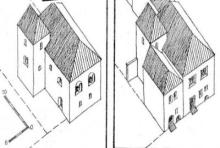 Dve zjednodušené rekonštrukcie vzhľadu najstarších stavebných etáp Miklušovej väznice. Vľavo vežovitý dom s vežičkou z 13. storočia nakreslený ako dvojpodlažný, ale mohol byť aj trojpodlažný. Vpravo komplex po dostavbe západného menšieho domu na sklonku 14. storočia. V priestore pod vežičkou mohol vzniknúť drobný dvorček. Východnému domu pribudlo dvorné krídlo. Hradba a ostatné domy nie sú kvôli prehľadnosti kreslené.
