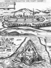 Anonymná dvojveduta datovaná podľa Minsichtovej knihy do roku 1664 s názvom Pravdivé zobrazenie mesta Košice. Pod Košicami je zobrazená pevnosť Komárno z vtáčej perspektívy.